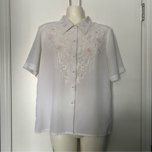 Christie & Jill Sheer Button Down T-shirt with Embroidery and Pearl Details